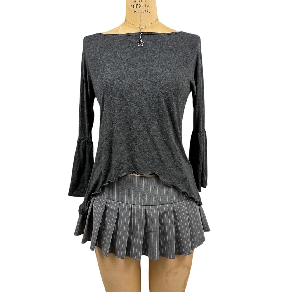 Y2K Coquette Bell Sleeve Top Lettuce Hem Tie Back Moody Balletcore Gray XS